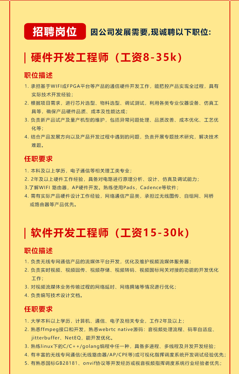 软硬件工程师招聘